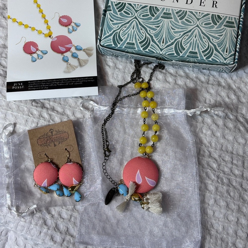 Plunder Pink Pendant Necklace/Earrings w Yellow Beaded Chain and Turquoise Drops